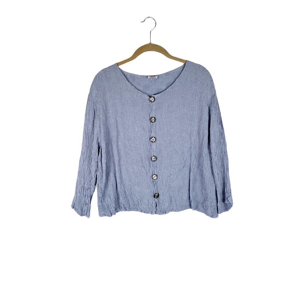 CP Shades Button Up Top Blue Crinkle Rayon 3/4 Sleeve Boxy Lagenlook Size Small